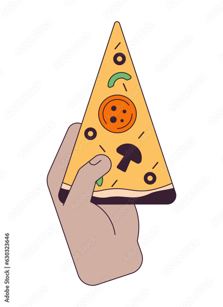 Aufkleber hand holding pizza slice flat line concept vector spot illustration. fast food 2d cartoon outline ha