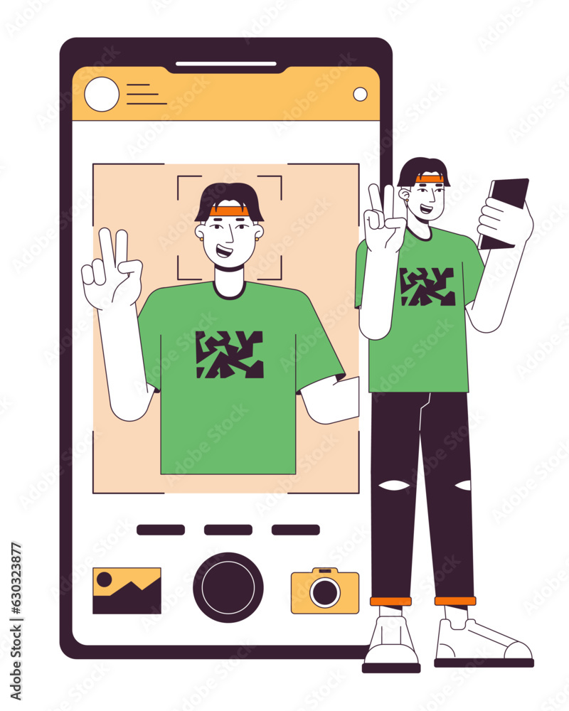 Poster man taking picture flat line concept vector spot illustration. selfie on front camera. man doing v s