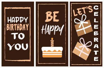 Happy birthday greeting card and party invitation set with cake, gift box and candles. , vector illustration, hand drawn style.