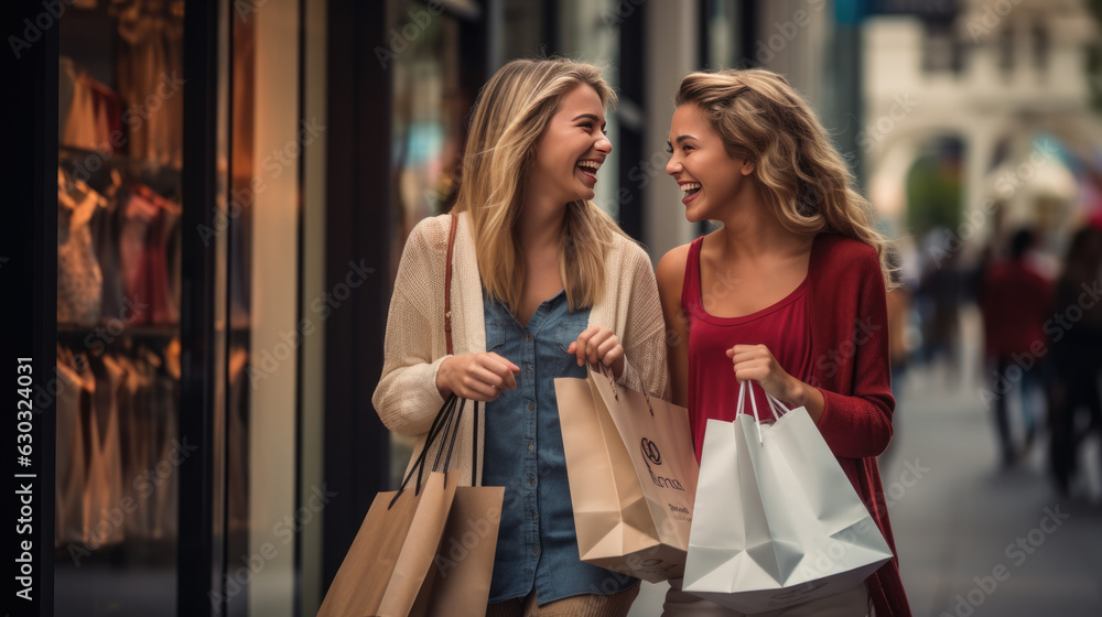 Sticker two girlfriends stands on the street with bags while shopping. created with generative ai technology