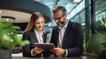 Business people in a meeting study company statistics on a tablet in the office.