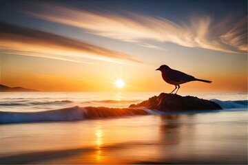 Fototapeta na wymiar bird with sunset over the sea generated by AI technology