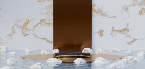 Round podium on water surface zen japanese style podium background minimalist zen marble and gold material Floating rocks 3D illustration