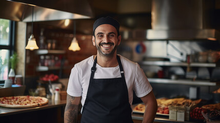Obraz premium Man stands in the kitchen against a backdrop of pizza and an oven.