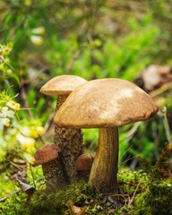 Edible mushroom in the forest close-up