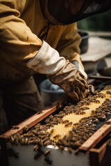 Beekeeper in protective suit working on bee hive with honey bees. Generative AI