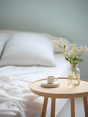 A cup on a round wooden table with blurred bed in the background, a cozy atmosphere