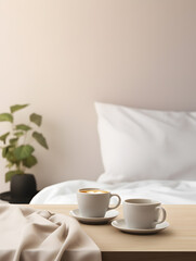 Coffee cups on a wooden table with blurred bed in the background, a cozy atmosphere