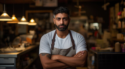 Obraz premium Indian business owner sitting in his cafe.