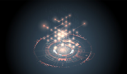 Isometric illustration. Digital technology and engineering background with glowing effect and numbers.