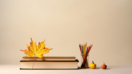 Stack of books, maple leaves and pencils on the desktop. Back to school and education concept. Mockup, copy space. Banner. Generative AI
