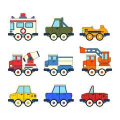Color vector icon set with toys car, truck. Engaging and interactive toys that spark creativity and imagination. Made for kids. Encourage playtime and ignite the joy of discovery with children's toys.