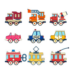 Color vector icon set with toy car. Engaging and interactive toys that spark creativity and imagination. Created for kids. Encourage playtime and ignite the joy of discovery with popular childrens toy