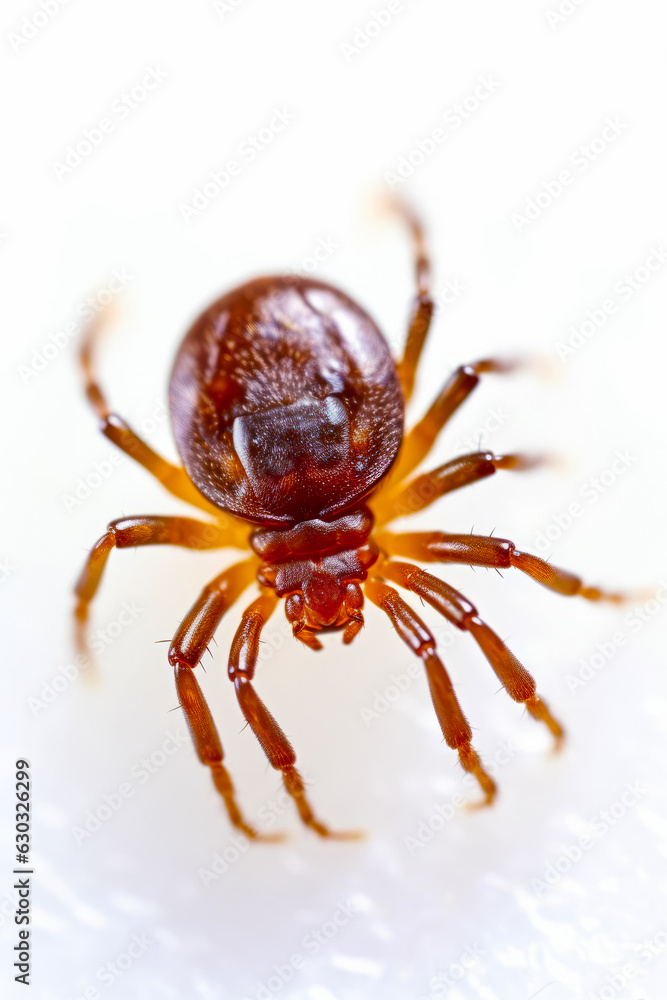 Sticker close up of spider on white surface with white background.