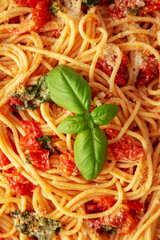 Homemade Spaghetti With Fresh Tomato Sauce on a Plate, top view. Flat lay, from above, overhead.