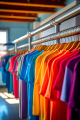 Row of colorful shirts hanging on rack in room with sunlight coming through the window.