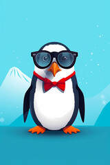 Penguin wearing red bow tie and glasses with mountain in the background.