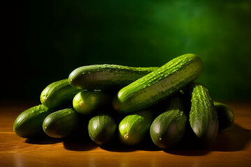 Pile of green cucumbers sitting on top of wooden table.