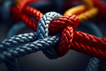 Close up of rope with knot in the middle of it. - obrazy, fototapety, plakaty