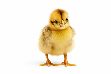 Small yellow chicken standing up against white background with sad look on its face.