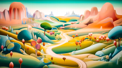 Paysage fantastique et féérique d'un monde merveilleux, dans les tons pastels, chemin serpentant dans la vallée - Générative ia - obrazy, fototapety, plakaty