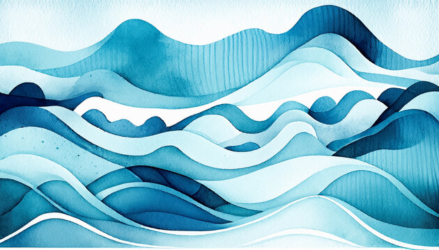 Abstract Water Ocean Waves And Hills Landscape. Blue, Teal, White Textured Water Wave Cartoon Web Banner Graphic Resource Background Illustration Backdrop For Copy Space Text. Alaska Or Hawaii