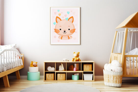 Baby's room with picture of fox on the wall.
