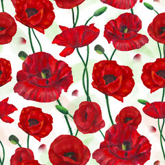 Fototapeta premium Seamless pattern with poppies flowers - digital watercolor illustrations on a white background with petals and light dots of colors.