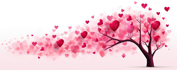 Pink red tree with heart leaves isolated. wide banner