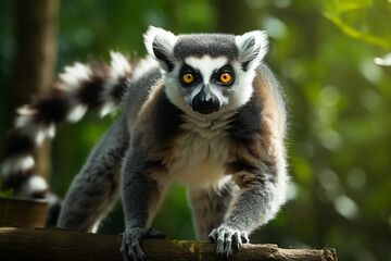 Naklejka premium Cute ring-tailed lemurs with long tails play happily in the jungle. Generative AI.