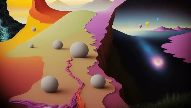 Generative ai animation of cartoon illustration of a landscape made of bubbles,organic shapes and waves. Seamless abstract geometric videoloop in comic style.