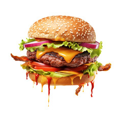 Flying hamburger on a transparent background, created with Generative AI - obrazy, fototapety, plakaty