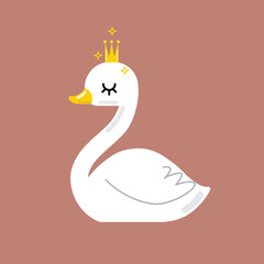 Beautiful white romantic dreaming swan princess with crown icon. Vector illustration in kawaii cartoon style.