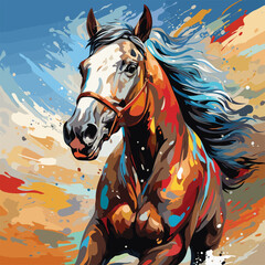 Painting of horse running through field of paint splatters.