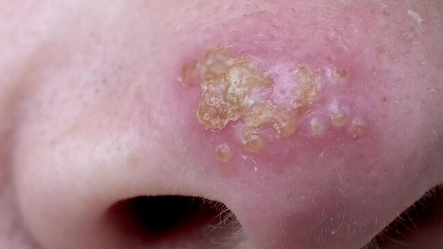 Preventing and managing herpes in women, woman examines in mirror painful herpes on tip of her nose, concept immune system, HSV-1, Women's Health, viral Infections skin disease, skin discomfort