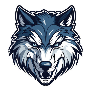 Wolf's head with blue eyes and black and white background.