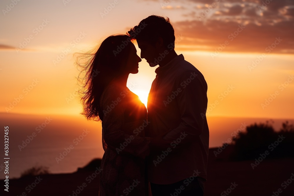 Wall mural couple in love silhouette at sunset