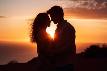 couple in love silhouette at sunset - obrazy, fototapety, plakaty