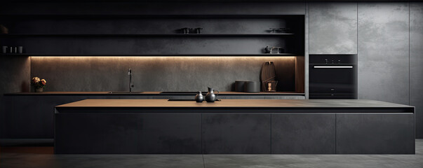 Interior large dark kitchen.