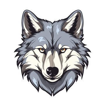 Wolf's head with orange eyes and black nose on white background.