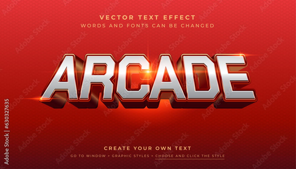 Poster vector editable 3d silver arcade text effect. perspective game action graphic style on red backgroun