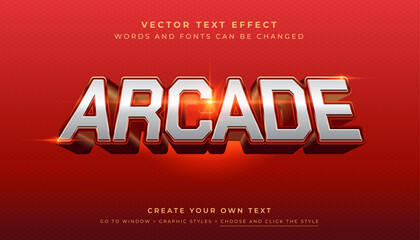 Vector Editable 3D silver arcade text effect. Perspective game action graphic style on red background