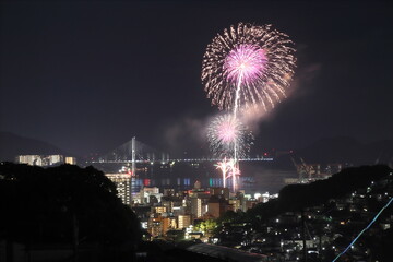 長崎の夜景と女神大橋と花火
