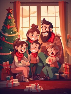 Christmas cozy happy family cartoon illustration. Generative AI