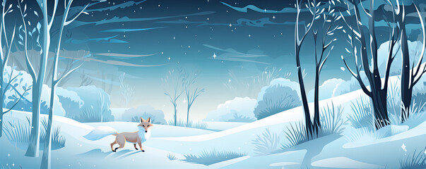 Cartoon fox in wild winter nature.