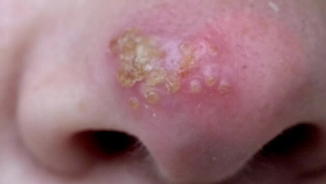 Exploring herpes as viral skin disease, female face close-up, herpes on tip of nose, harbinger of dangerous disease damage to skin and nervous system, concept Viral Infections, symptoms and treatment