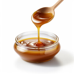 Pouring sweet caramel sauce on white background. Made with generative ai