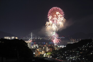 長崎の夜景と女神大橋と花火