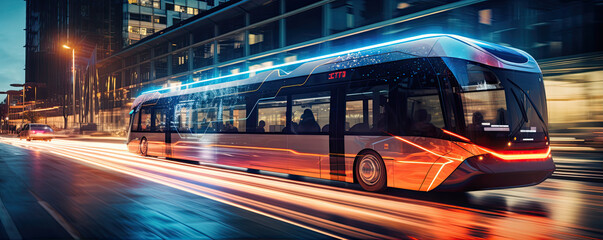 Fototapeta na wymiar Scifi or futuristic bus in motion in evening city.