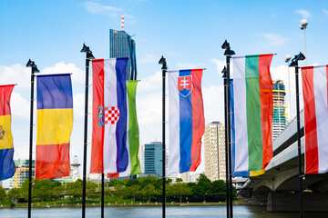 Many flags of European countries - the flag of Romania, Croatia, Slovakia, Bulgaria, Austria.